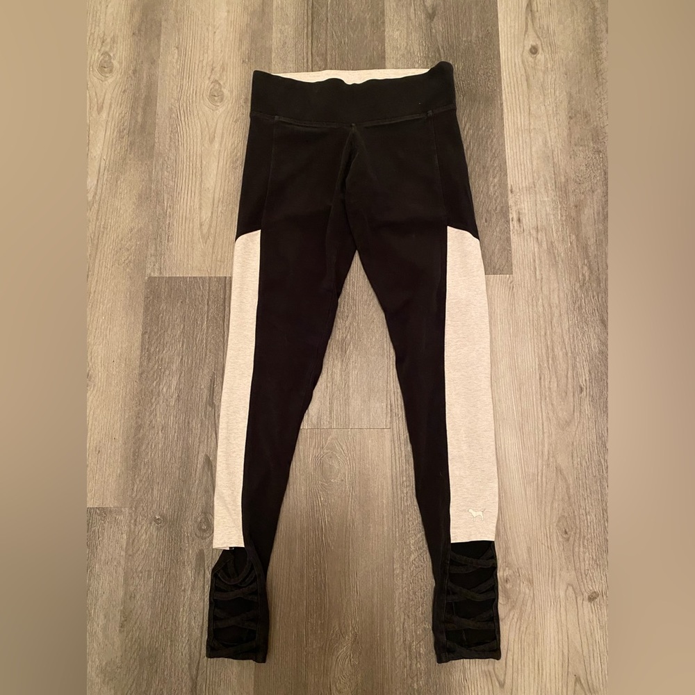 PINK VS  yoga XS black white thigh patched crisscross strapped ankle. Imported